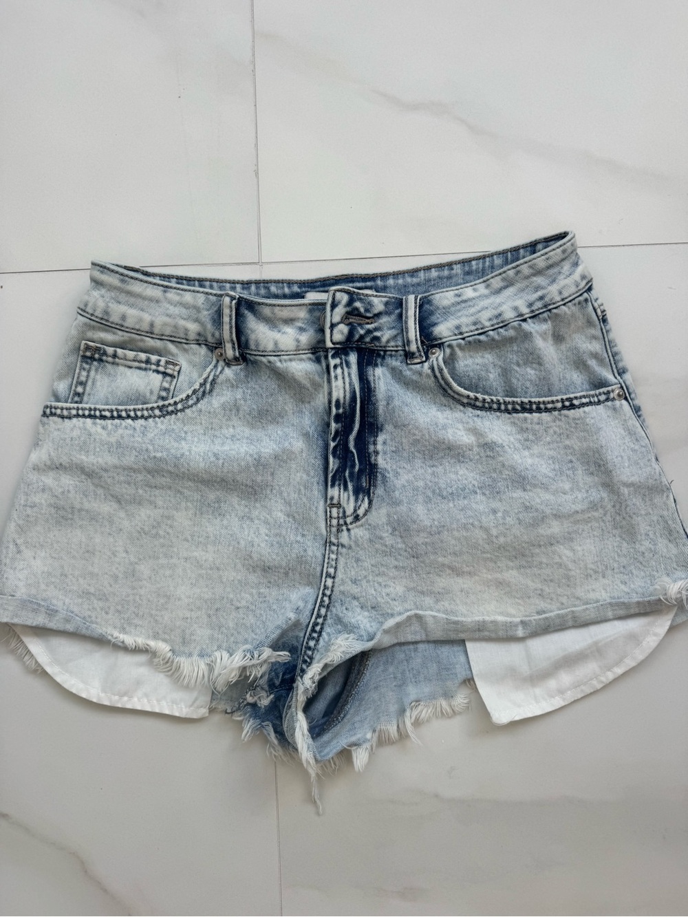 Washed Light Blue Denim Jean Shorts with Frayed Hem